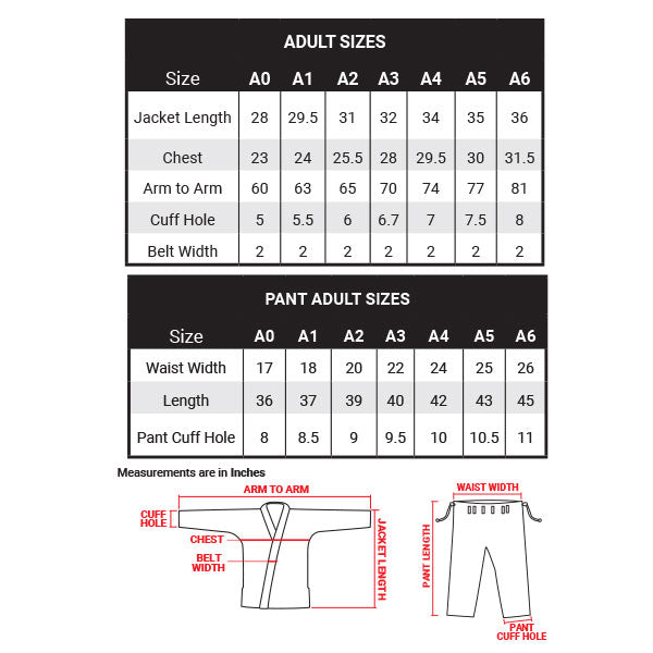 REVGEAR BJJ GI Adult Size Guide