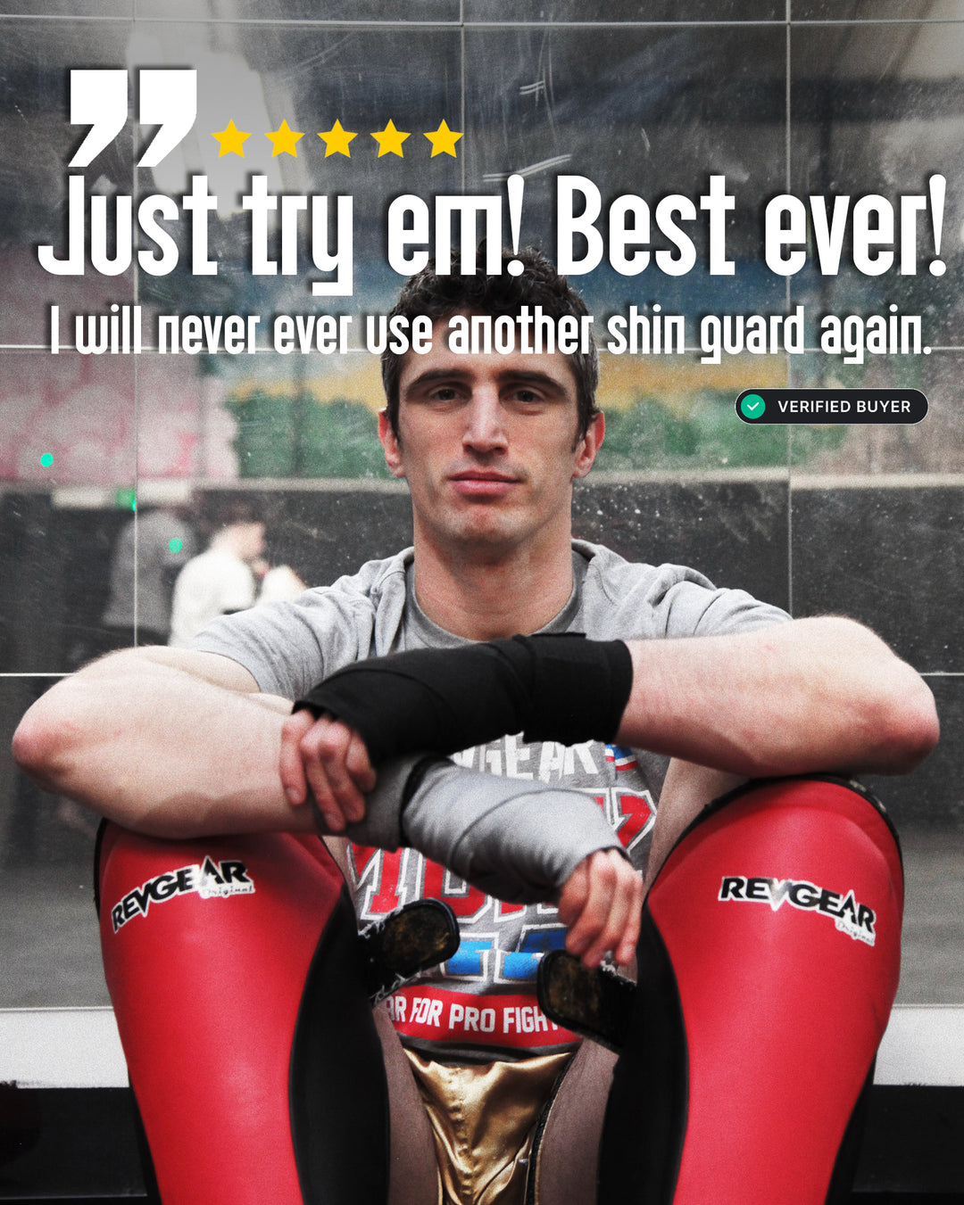 Juan Cervantes wearing red Thai original shin guards with text about shin guards on a blurred background