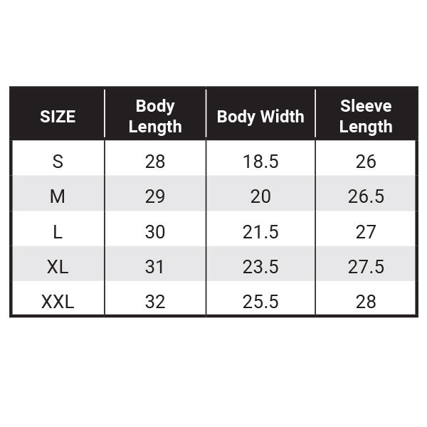 REVGEAR LONG SLEEVE SHIRTS SIZE GUIDE