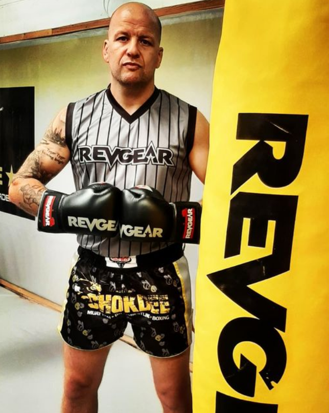 2x World Muay Thai Champion Rich Cadden wearing Rev'Gear athletic gear at Chokdee York