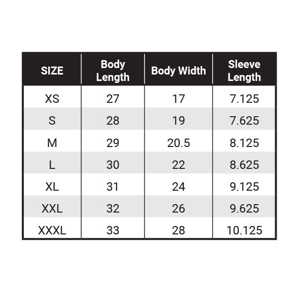 REVGEAR SHORT SLEEVE SHIRTS Size Guide